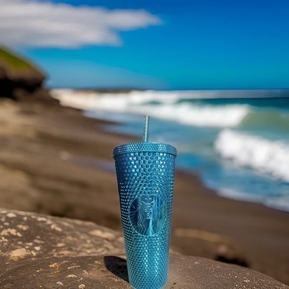 Starbucks 2023 Blue Chrome Studded Venti 24oz Tumbler with Straw - Picture 2 of 7